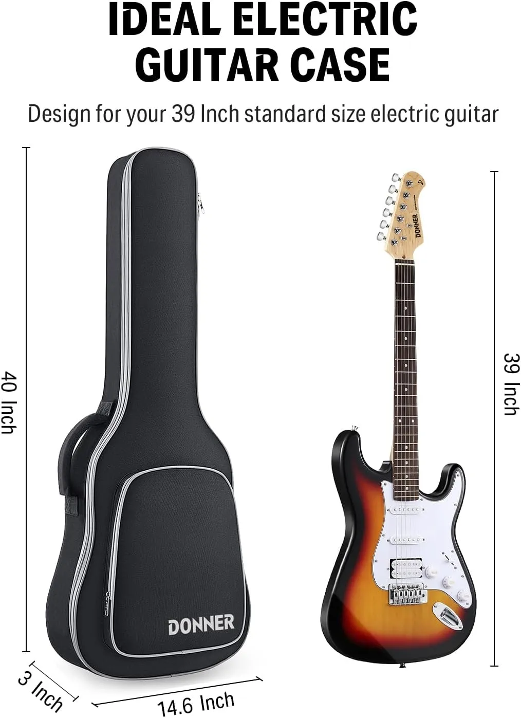Donner 39 Inch Electric Guitar Case, 5mm Thick Padding Sponge 600D Ripstop Waterproof Nylon Soft Electric Guitar Bag with Dual Adjustable Shoulder Strap and Thick Sponge Handle, Black