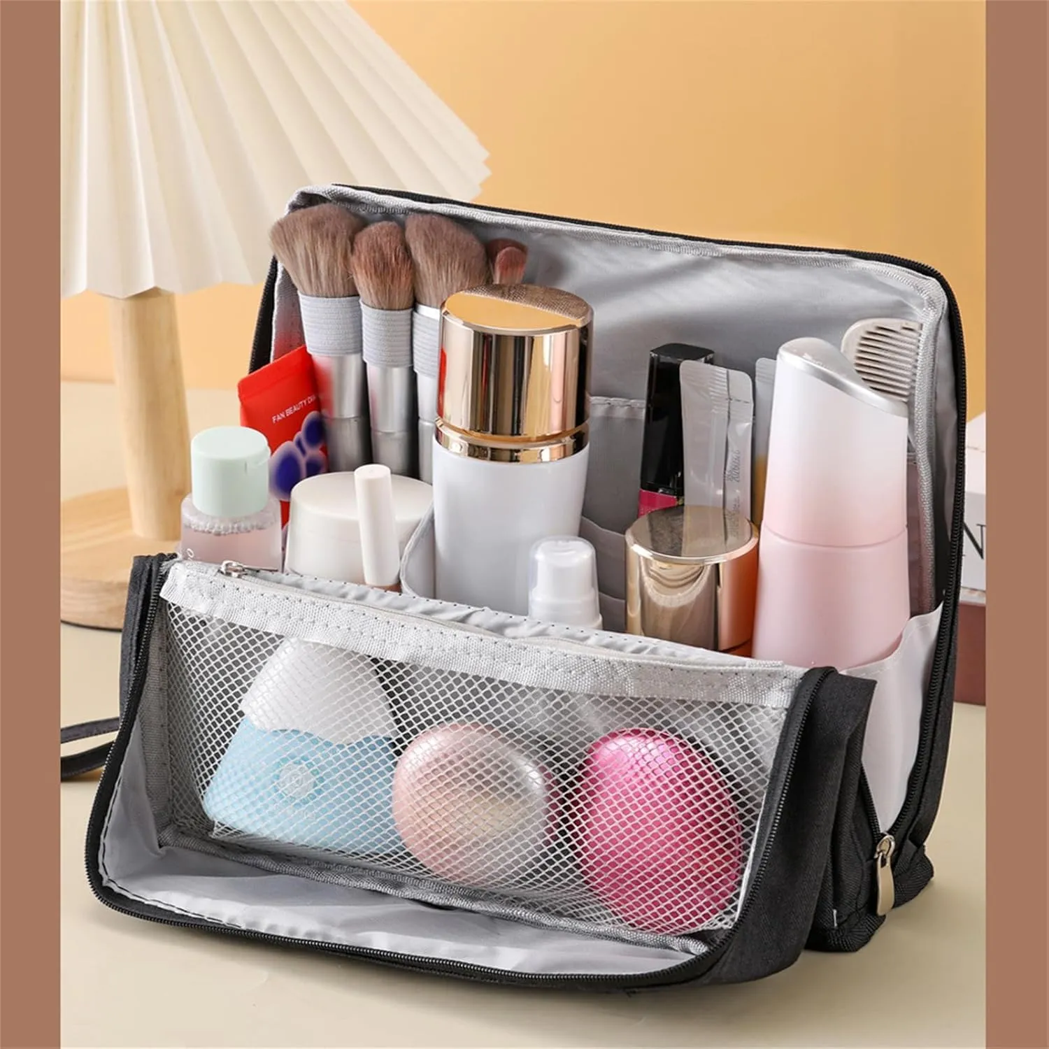 Doresty Makeup Bag, Standing Makeup Bag, Portable Large Capacity, Stand Up Make Up Bag with Mirror, Waterproof Oxford Cloth Cosmetic Organizer with Compartments, for Women & Girls (Tibetan blue)