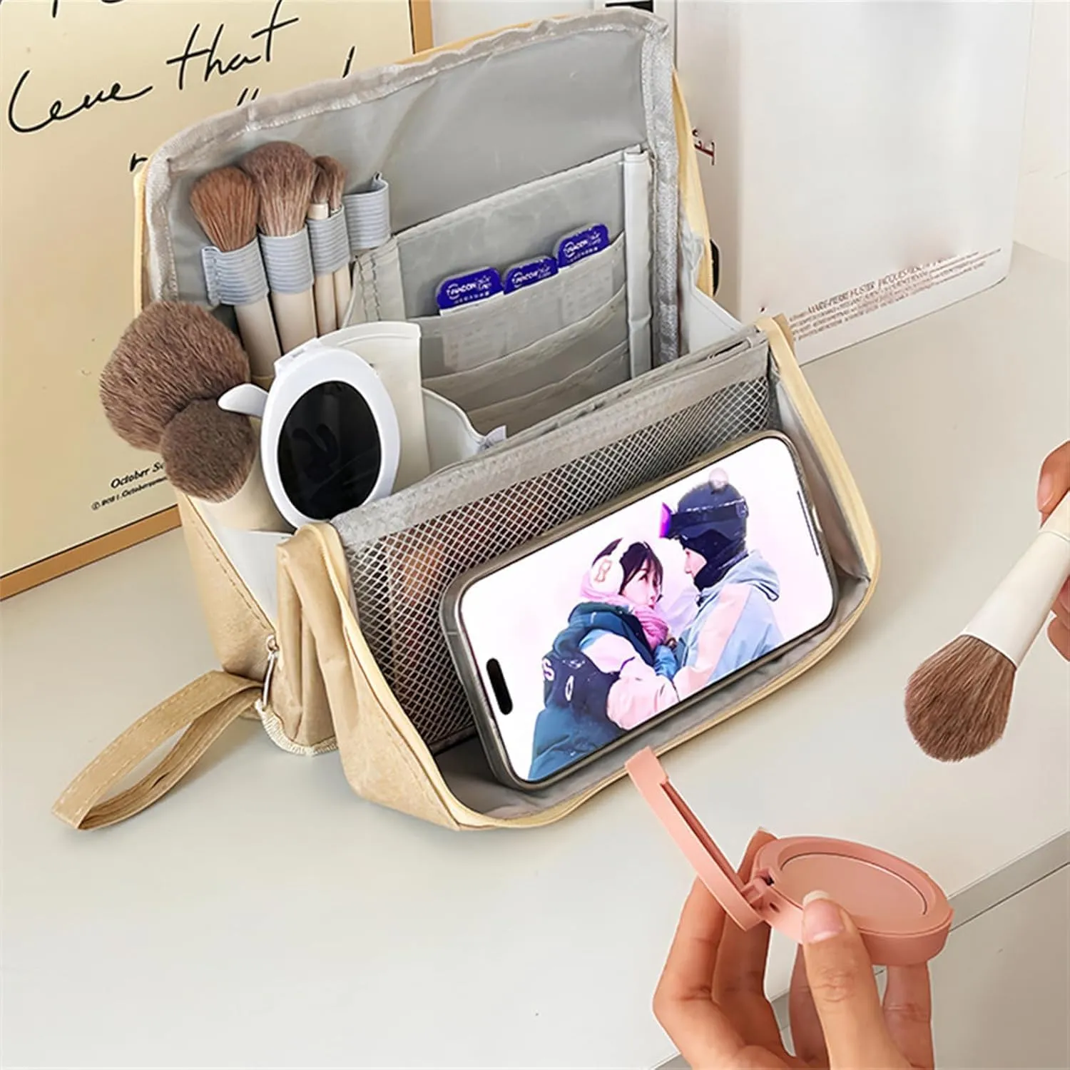 Doresty Makeup Bag, Standing Makeup Bag, Portable Large Capacity, Stand Up Make Up Bag with Mirror, Waterproof Oxford Cloth Cosmetic Organizer with Compartments, for Women & Girls (Tibetan blue)