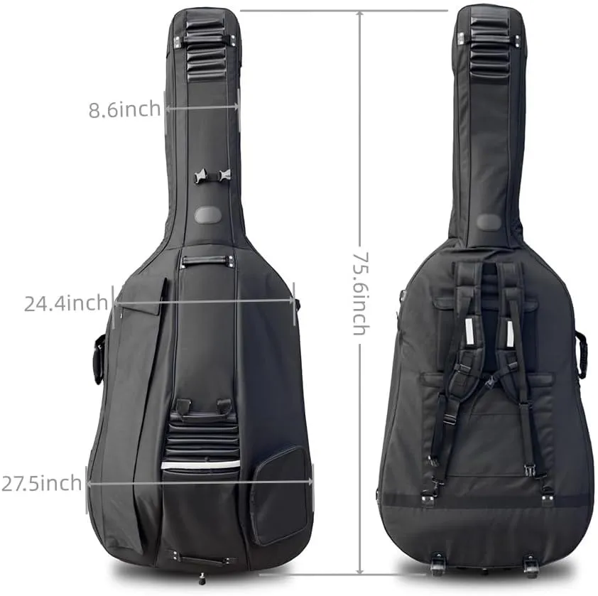 Double Bass Bag with wheels 3/4 Upright Bass Gig Bag Oxford Cloth String Bass bag Thickened liner Multiple storage pockets with Sturdy Handles and Straps (Black)
