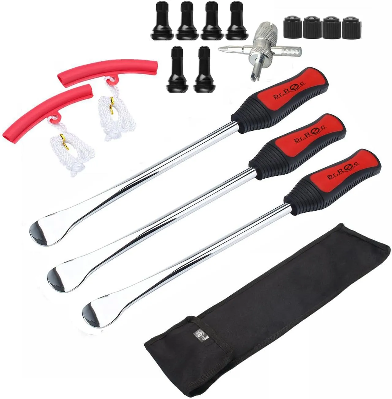 Dr.Roc Tire Spoon Lever Dirt Bike Lawn Mower Motorcycle Tire Changing Tools with Stable Bag 3 Tire Irons 2 Rim Protectors 1 Valve Stems Set TR412 TR413