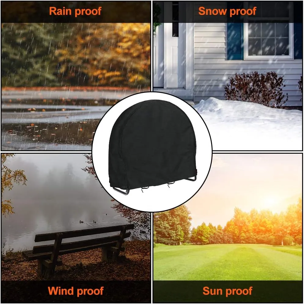 Firewood Log Rack Cover, Outdoor Waterproof Log Hoop Cover, Windproof Dry Wood Pile Holder Storage Tarp Heavy Duty UV Resistant Sun Snow Rain Durable PVC Backing Protector fit 4 Seasons Black