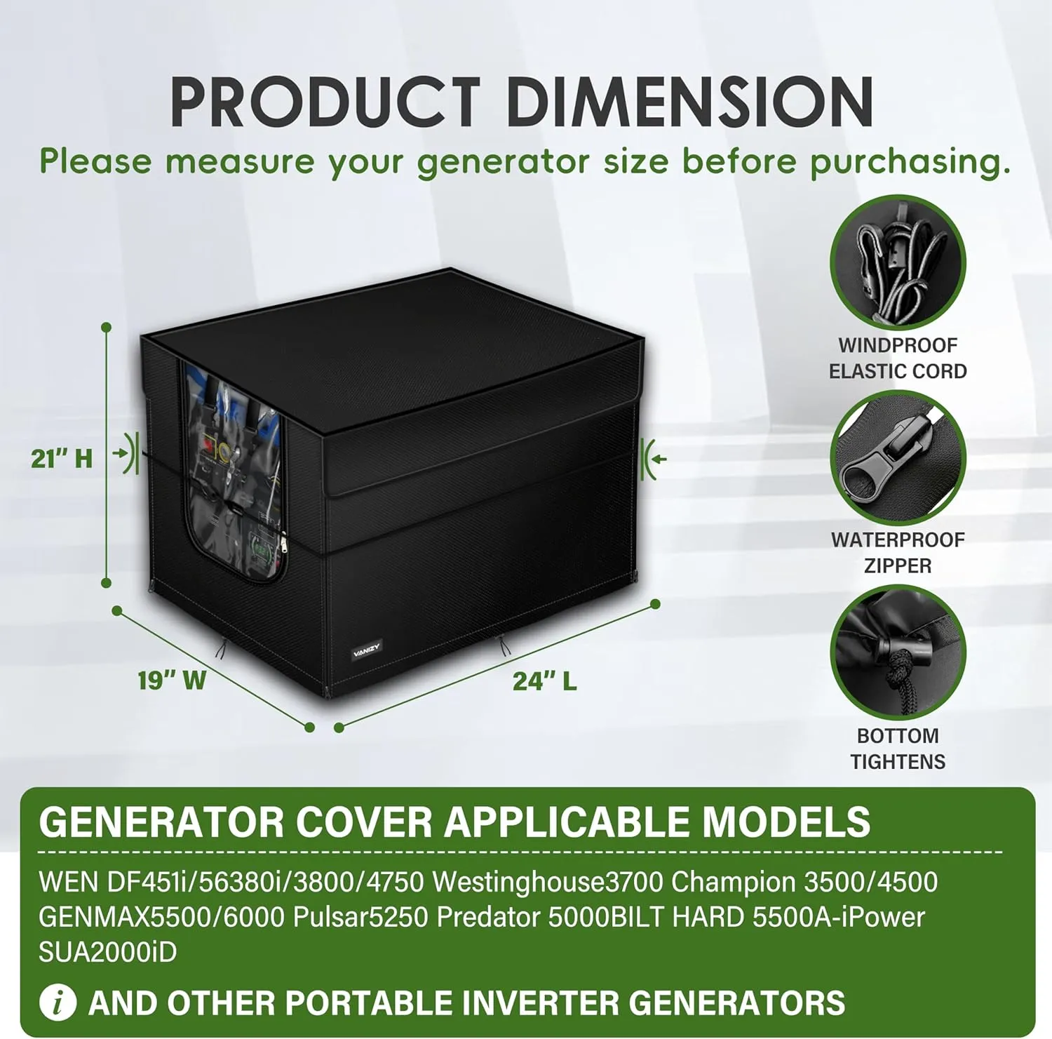 Generator Cover. Made of 600D Waterproof Oxford Fabric,Opened for Refueling.24"Lx19"Wx21"H,Generator Running Cover with PVC Transparent Operating Window. Black.