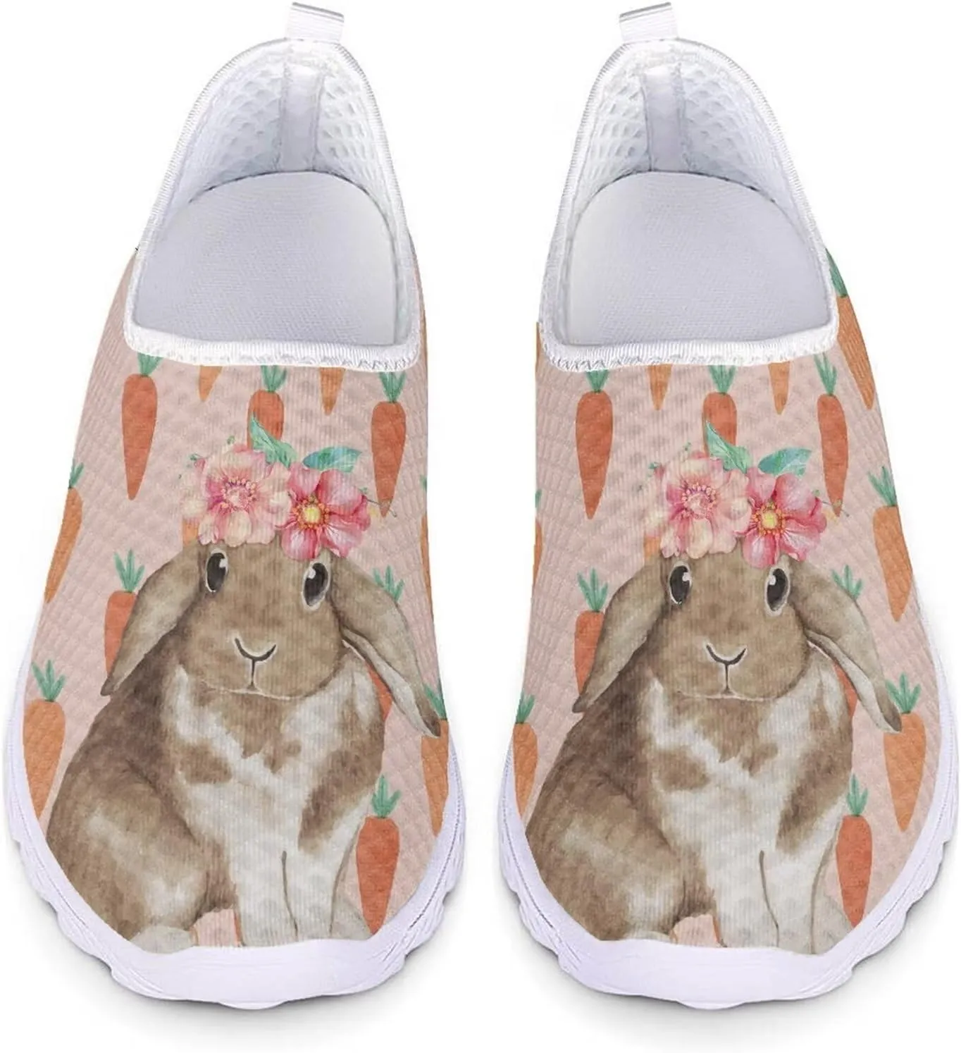 HUIACONG Easter Rabbit Women Slip-On Sneaker Flower Radish Female Running Shoes for Teen Girls Mesh Flat 10 Size Comfortable Trainer Lightweight Nonslip Loafers
