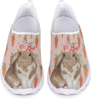 HUIACONG Easter Rabbit Women Slip-On Sneaker Flower Radish Female Running Shoes for Teen Girls Mesh Flat 10 Size Comfortable Trainer Lightweight Nonslip Loafers