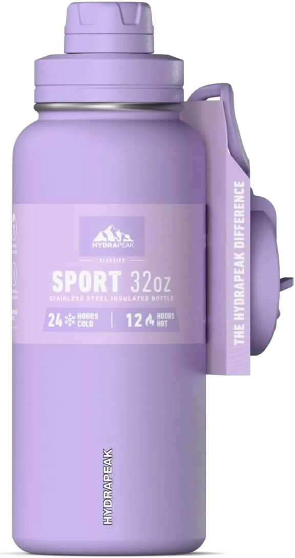 Hydrapeak 32oz Sport Insulated Water Bottle with Straw & Chug Lid, Leak & Spill Proof, Keeps Drinks Cold for 24 Hours, Hot for 12 Hours, Premium Stainless Steel Water Bottles (32oz, Digital Lavender)