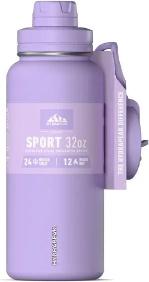 Hydrapeak 32oz Sport Insulated Water Bottle with Straw & Chug Lid, Leak & Spill Proof, Keeps Drinks Cold for 24 Hours, Hot for 12 Hours, Premium Stainless Steel Water Bottles (32oz, Digital Lavender)