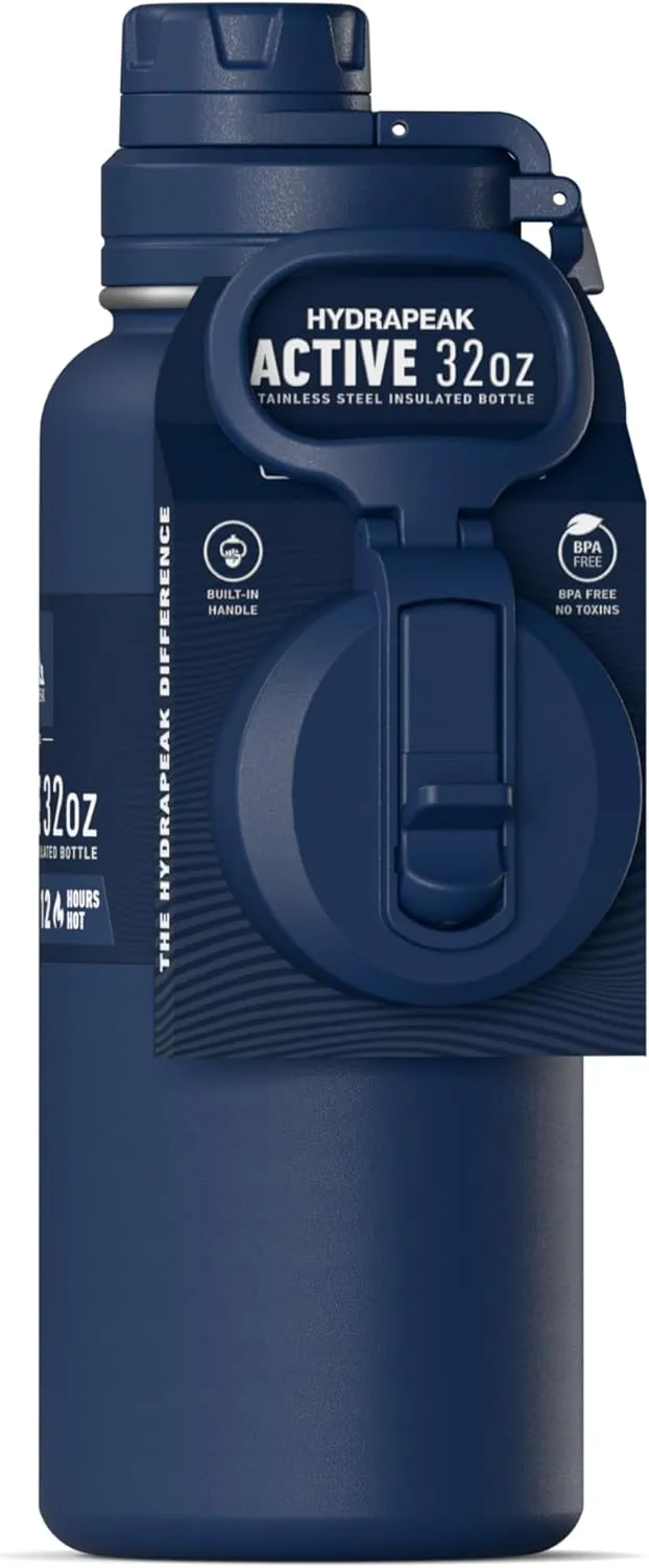 Hydrapeak 32oz Sport Insulated Water Bottle with Straw & Chug Lid, Leak & Spill Proof, Keeps Drinks Cold for 24 Hours, Hot for 12 Hours, Premium Stainless Steel Water Bottles (32oz, Navy)