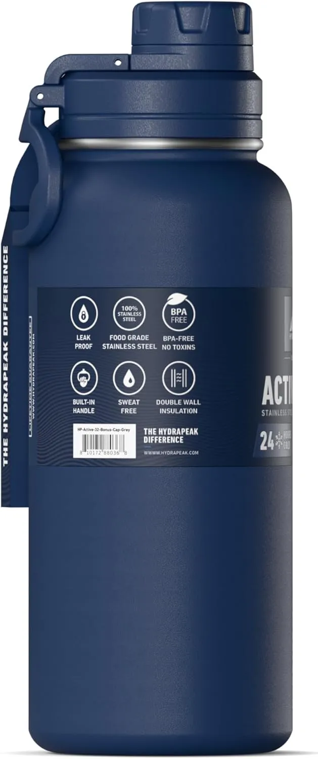 Hydrapeak 32oz Sport Insulated Water Bottle with Straw & Chug Lid, Leak & Spill Proof, Keeps Drinks Cold for 24 Hours, Hot for 12 Hours, Premium Stainless Steel Water Bottles (32oz, Navy)
