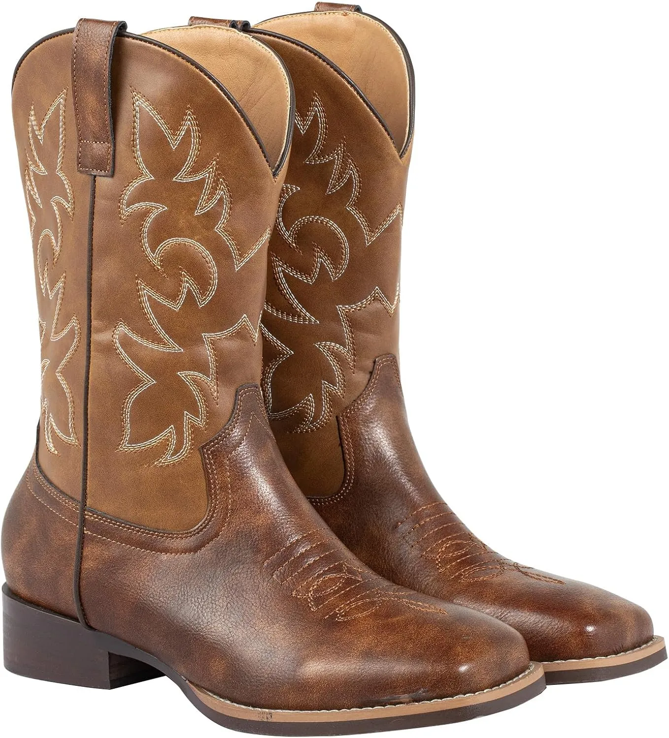 J's.o.l.e Western Mens Cowboy Boots Square Toe Wide Calf Pull On Slip Resistant Country Work Riding PU Leather Boot Brown