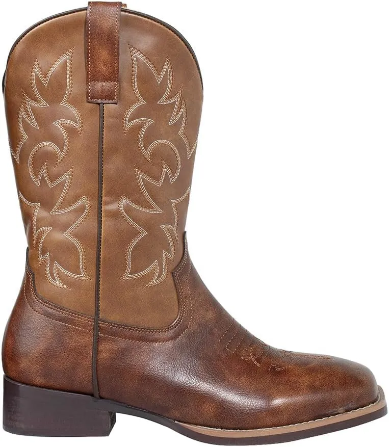 J's.o.l.e Western Mens Cowboy Boots Square Toe Wide Calf Pull On Slip Resistant Country Work Riding PU Leather Boot Brown