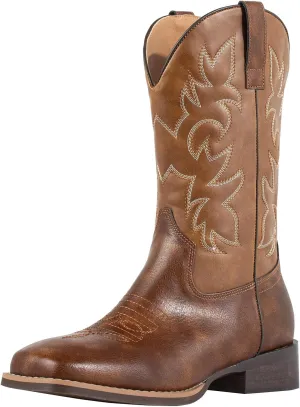J's.o.l.e Western Mens Cowboy Boots Square Toe Wide Calf Pull On Slip Resistant Country Work Riding PU Leather Boot Brown