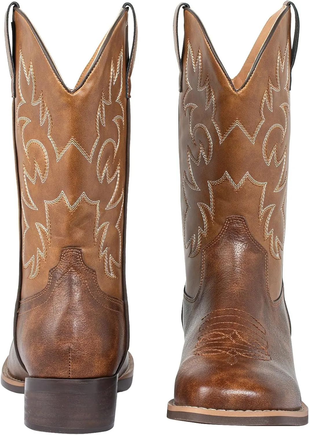 J's.o.l.e Western Mens Cowboy Boots Square Toe Wide Calf Pull On Slip Resistant Country Work Riding PU Leather Boot Brown