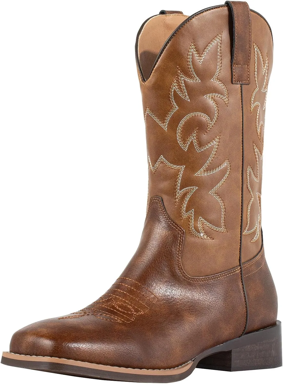 J's.o.l.e Western Mens Cowboy Boots Square Toe Wide Calf Pull On Slip Resistant Country Work Riding PU Leather Boot Brown