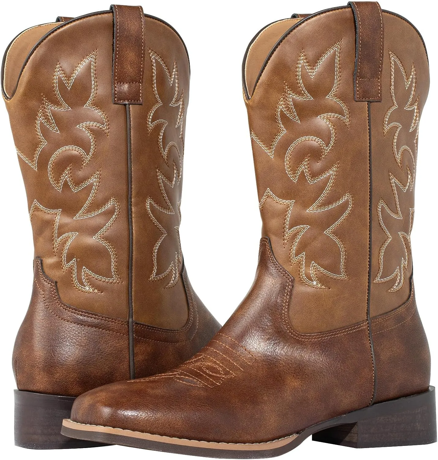 J's.o.l.e Western Mens Cowboy Boots Square Toe Wide Calf Pull On Slip Resistant Country Work Riding PU Leather Boot Brown