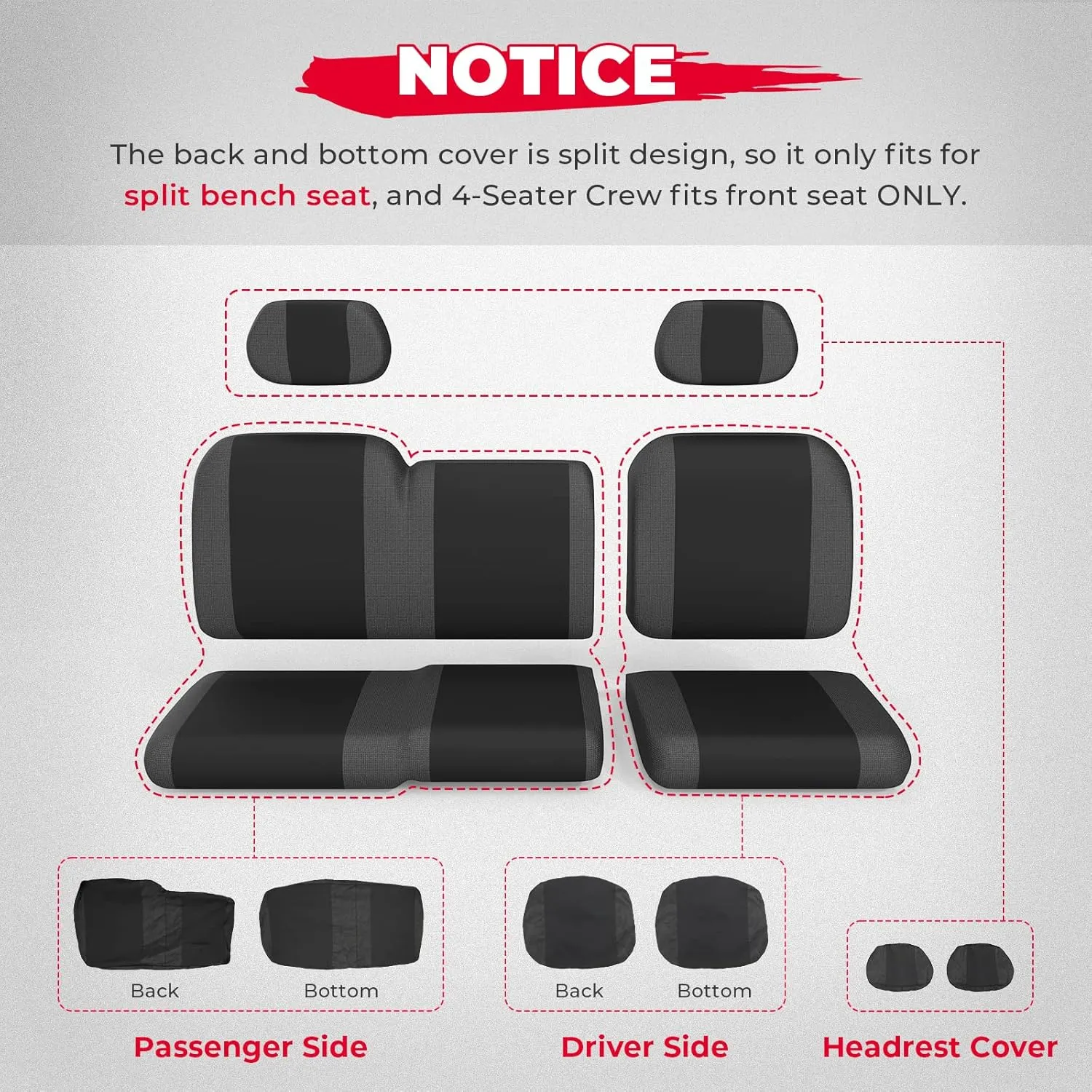 KEMIMOTO UTV Seat Cover Set for 60/40 Split Back Seat Compatible with Polaris Ranger XP 1000 2017-2021, Split Bench Seat Covers Upgraded w/Headrest Cover (Crew Fits Front Seat Only)