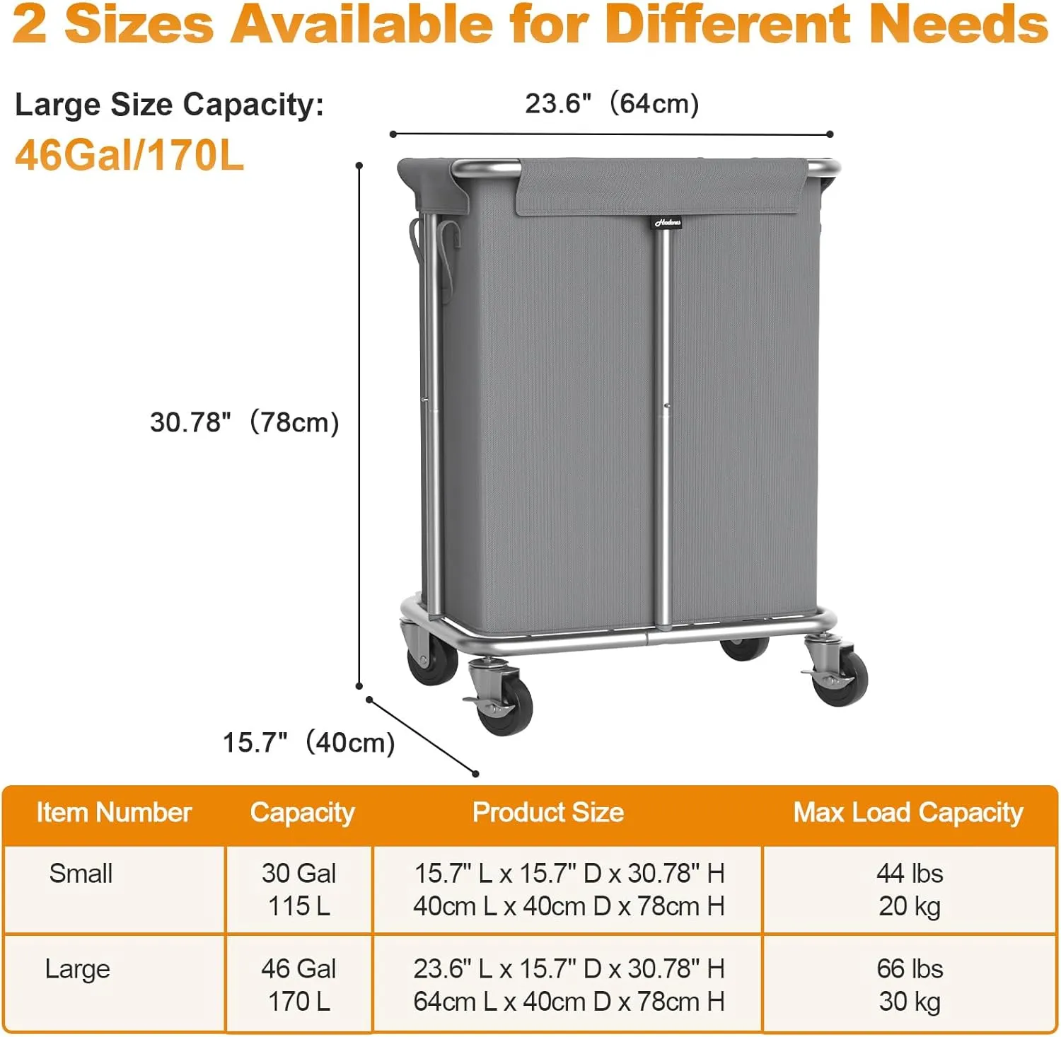 Laundry Basket with Wheels, Rolling Laundry Hamper, 46 Gallons (170L), Removable and Machine Washable Liner, Steel Frame, Large Laundry Cart for Laundry Room, Bedroom, Bathroom, Dorm - Grey