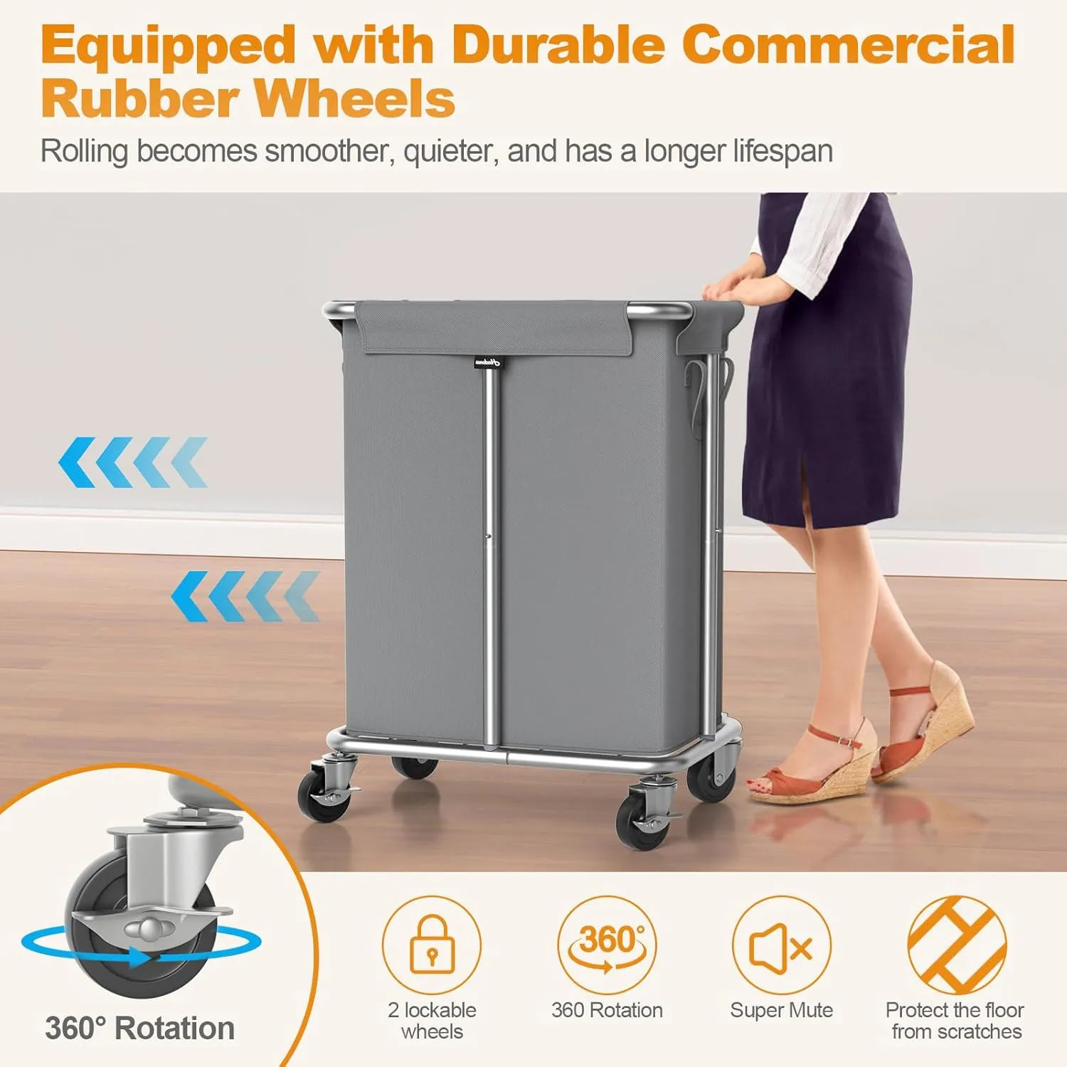 Laundry Basket with Wheels, Rolling Laundry Hamper, 46 Gallons (170L), Removable and Machine Washable Liner, Steel Frame, Large Laundry Cart for Laundry Room, Bedroom, Bathroom, Dorm - Grey