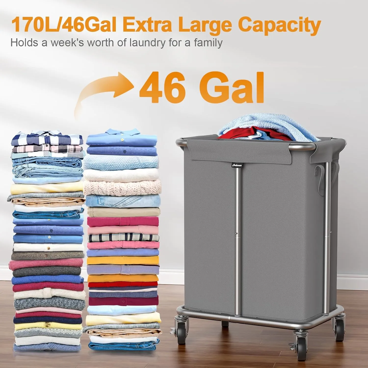 Laundry Basket with Wheels, Rolling Laundry Hamper, 46 Gallons (170L), Removable and Machine Washable Liner, Steel Frame, Large Laundry Cart for Laundry Room, Bedroom, Bathroom, Dorm - Grey