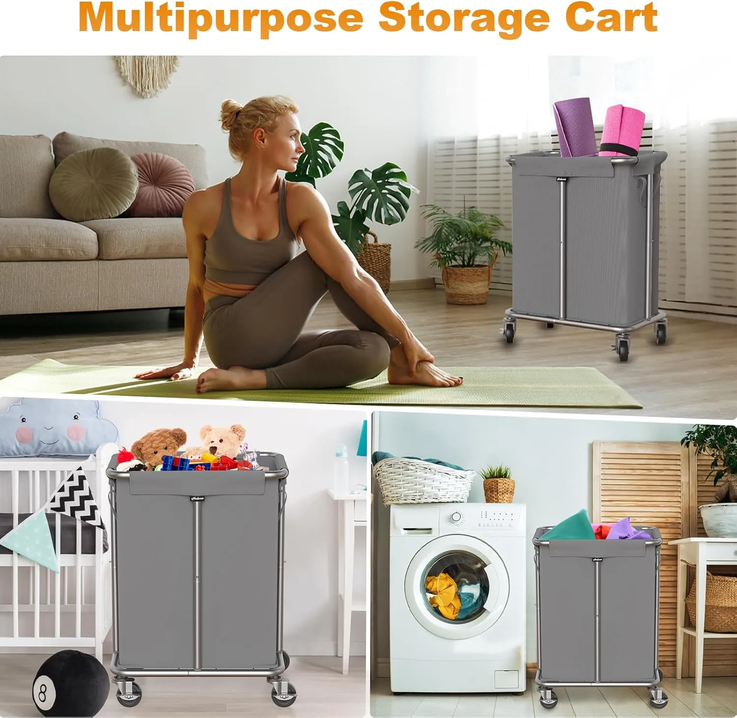 Laundry Basket with Wheels, Rolling Laundry Hamper, 46 Gallons (170L), Removable and Machine Washable Liner, Steel Frame, Large Laundry Cart for Laundry Room, Bedroom, Bathroom, Dorm - Grey