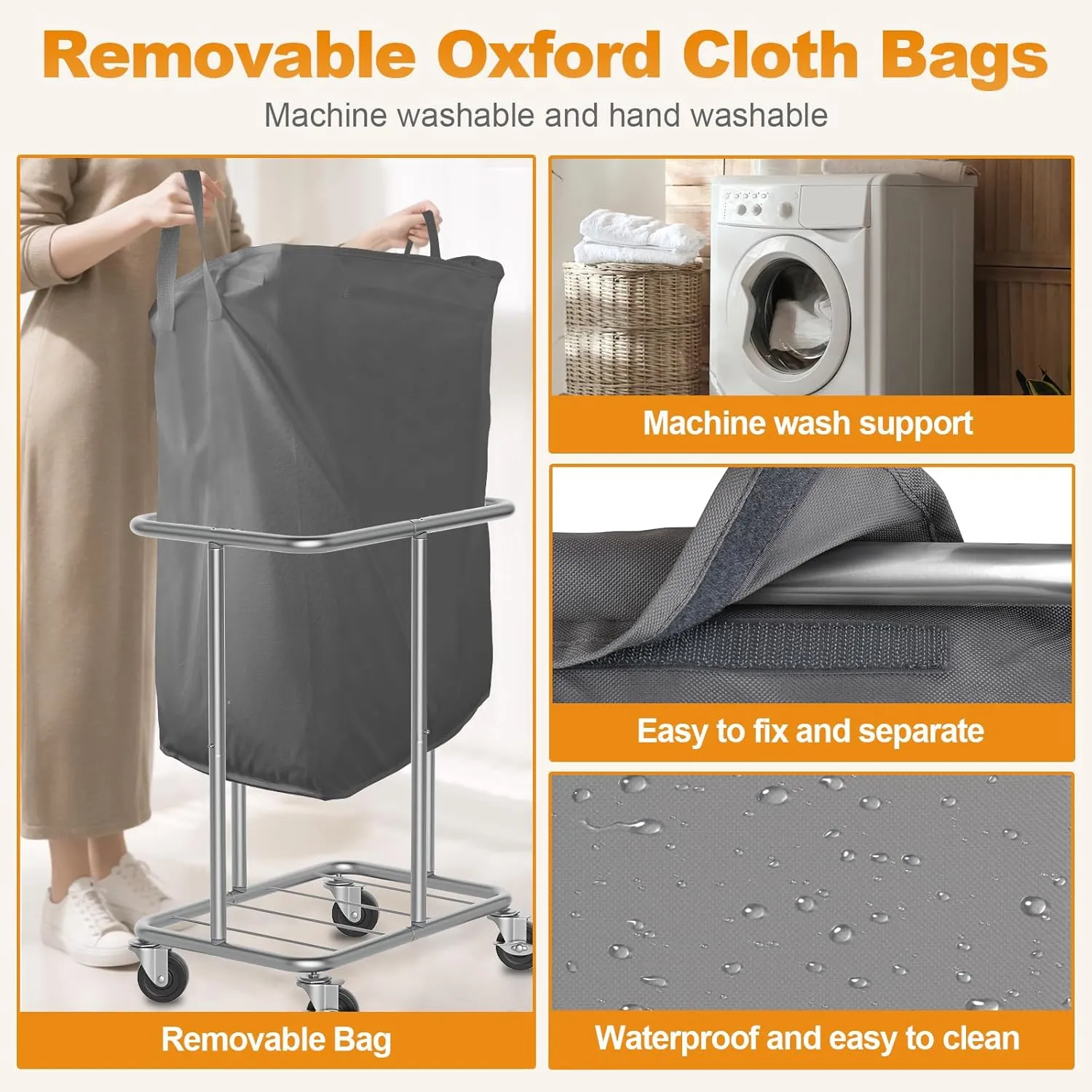Laundry Basket with Wheels, Rolling Laundry Hamper, 46 Gallons (170L), Removable and Machine Washable Liner, Steel Frame, Large Laundry Cart for Laundry Room, Bedroom, Bathroom, Dorm - Grey