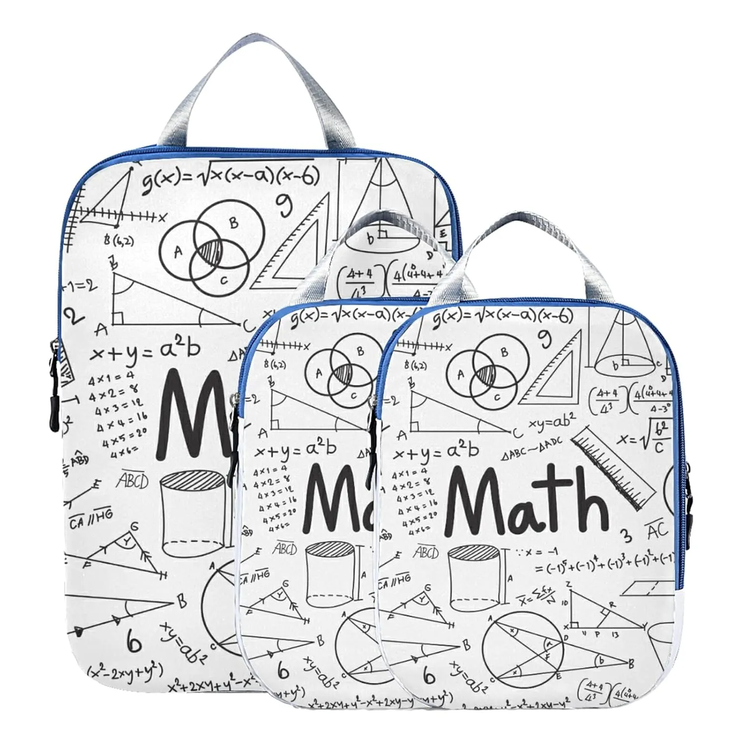 Mathematical Theory Formula Equation Doodle on White 3 Piece set Cubes Expandable Adjustable Luggage Packing Bags, Ultralight Organizer Accessories Travel Suitcase Compressible Bags