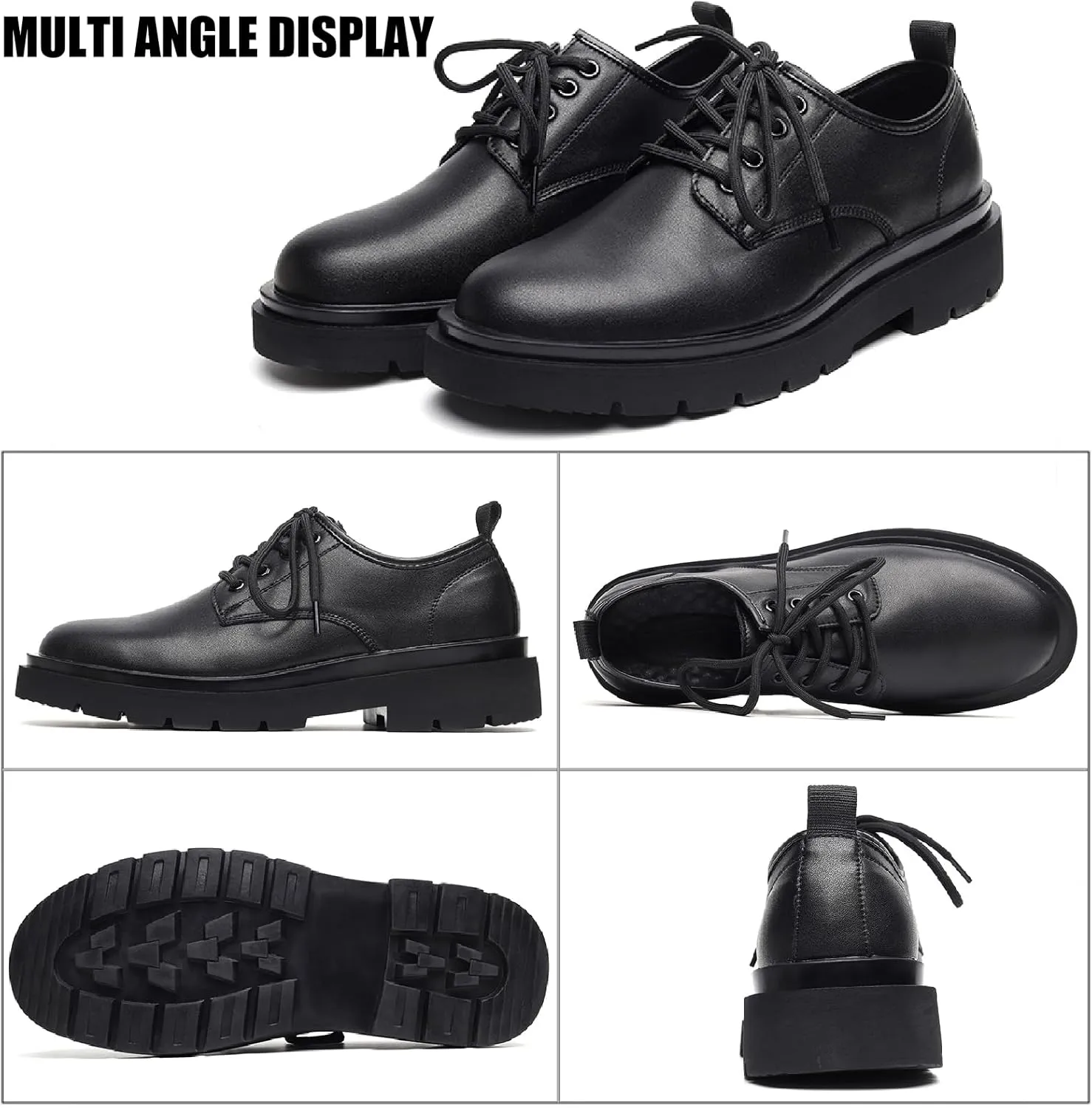 Men's Leather Retro Platform Oxfords Classic Lace Up Round Toe Anti-Slip Lug Sole Business Dress Shoes Comfortable Block Heel Formal Derbys Shoes