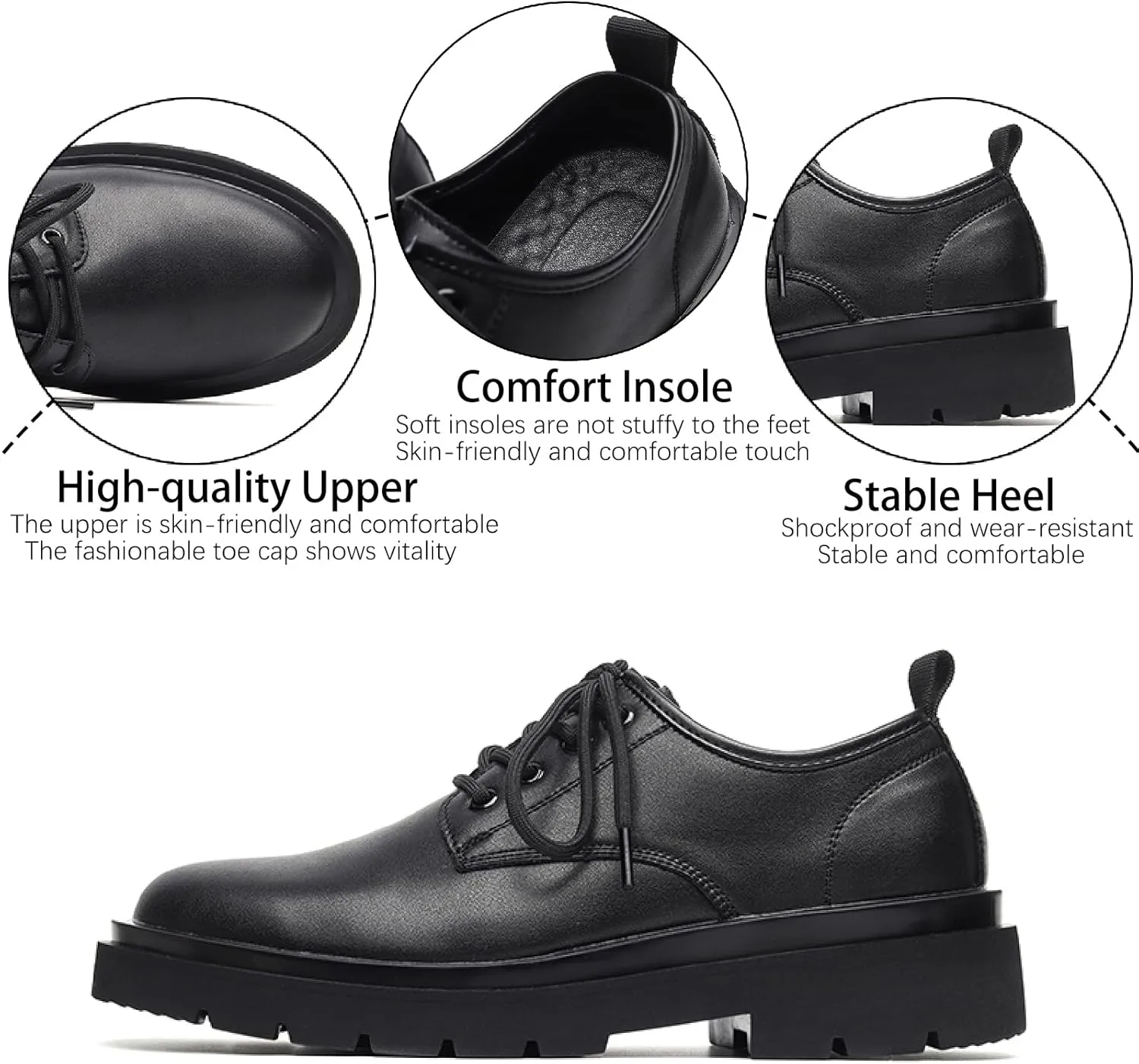 Men's Leather Retro Platform Oxfords Classic Lace Up Round Toe Anti-Slip Lug Sole Business Dress Shoes Comfortable Block Heel Formal Derbys Shoes