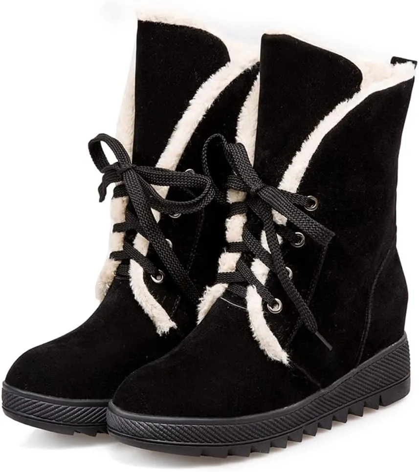 MIOKE Women's Suede Wedge Dressy Ankle Boots Round Toe Lace Up Platform Chunky High Heel Winter Short Bootie