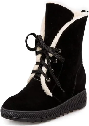 MIOKE Women's Suede Wedge Dressy Ankle Boots Round Toe Lace Up Platform Chunky High Heel Winter Short Bootie