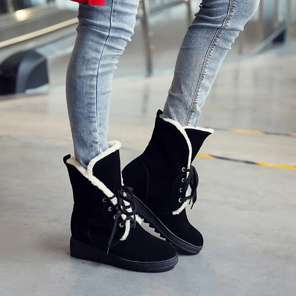 MIOKE Women's Suede Wedge Dressy Ankle Boots Round Toe Lace Up Platform Chunky High Heel Winter Short Bootie