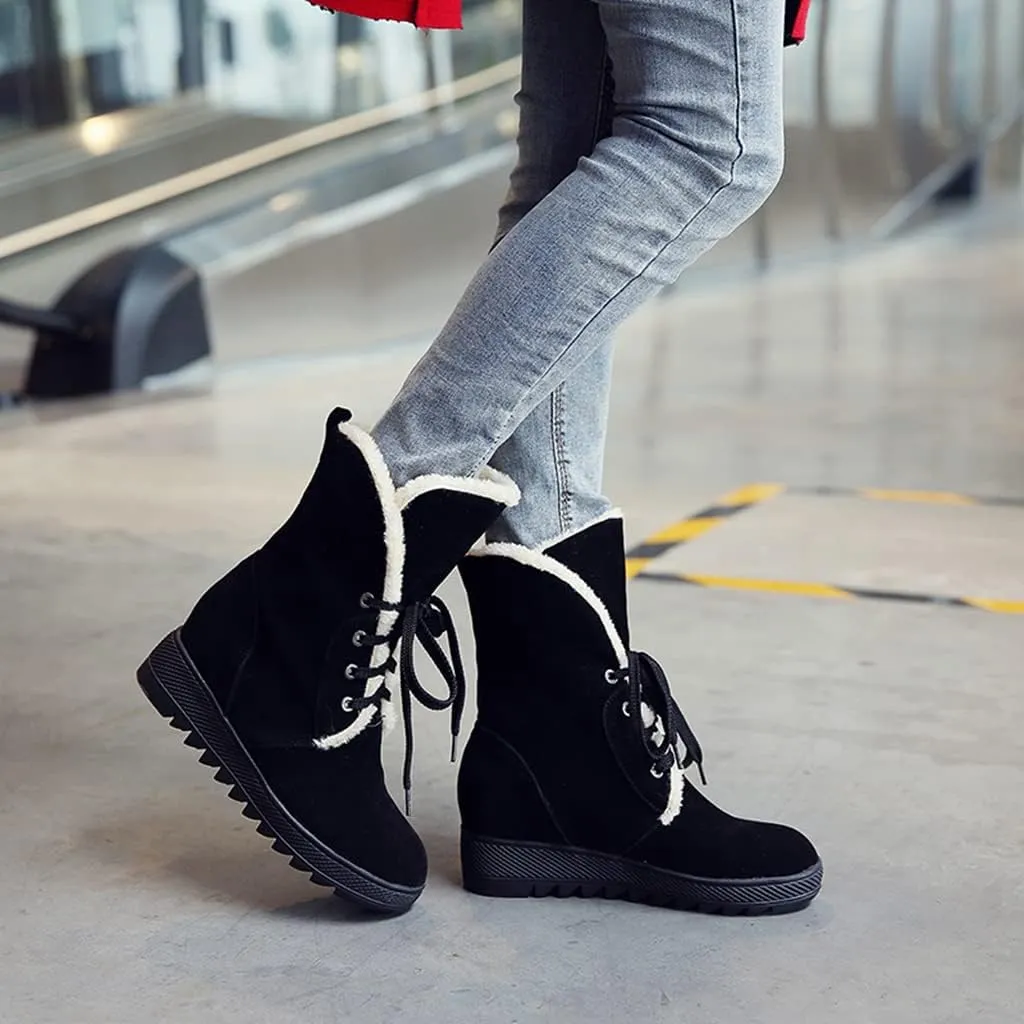 MIOKE Women's Suede Wedge Dressy Ankle Boots Round Toe Lace Up Platform Chunky High Heel Winter Short Bootie