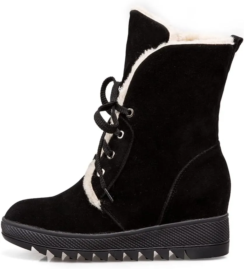MIOKE Women's Suede Wedge Dressy Ankle Boots Round Toe Lace Up Platform Chunky High Heel Winter Short Bootie