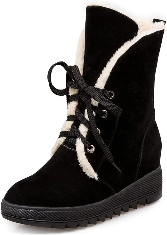 MIOKE Women's Suede Wedge Dressy Ankle Boots Round Toe Lace Up Platform Chunky High Heel Winter Short Bootie
