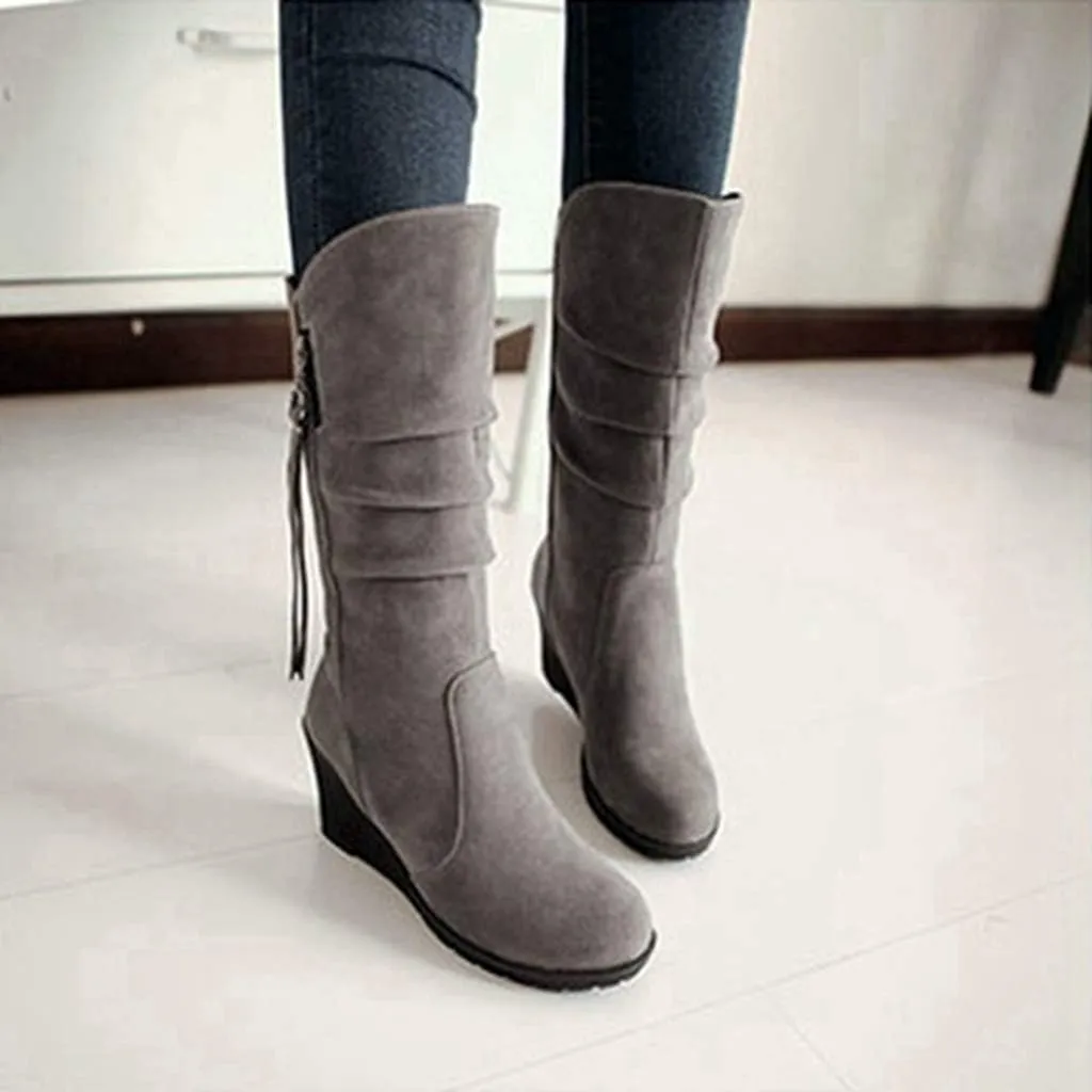 MIOKE Women's Wedge Slouch Mid Calf Boots Suede Round Toe Wide Width Platform High Heel Tassel Dress Boots
