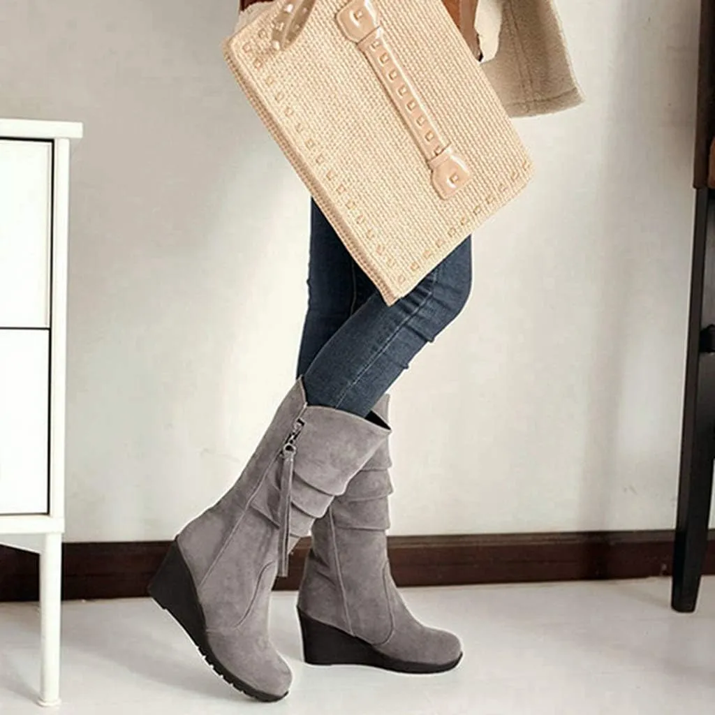MIOKE Women's Wedge Slouch Mid Calf Boots Suede Round Toe Wide Width Platform High Heel Tassel Dress Boots