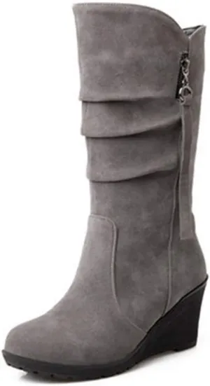 MIOKE Women's Wedge Slouch Mid Calf Boots Suede Round Toe Wide Width Platform High Heel Tassel Dress Boots