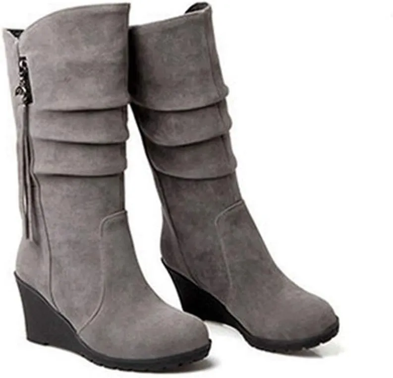 MIOKE Women's Wedge Slouch Mid Calf Boots Suede Round Toe Wide Width Platform High Heel Tassel Dress Boots