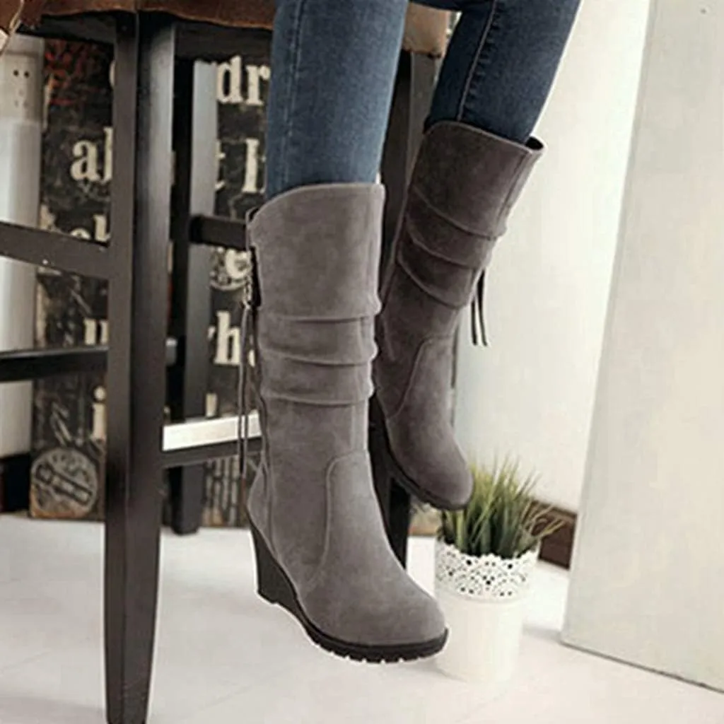 MIOKE Women's Wedge Slouch Mid Calf Boots Suede Round Toe Wide Width Platform High Heel Tassel Dress Boots