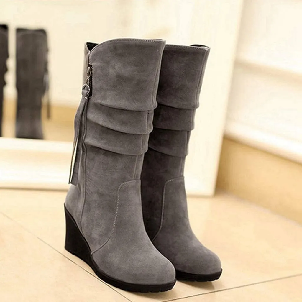 MIOKE Women's Wedge Slouch Mid Calf Boots Suede Round Toe Wide Width Platform High Heel Tassel Dress Boots