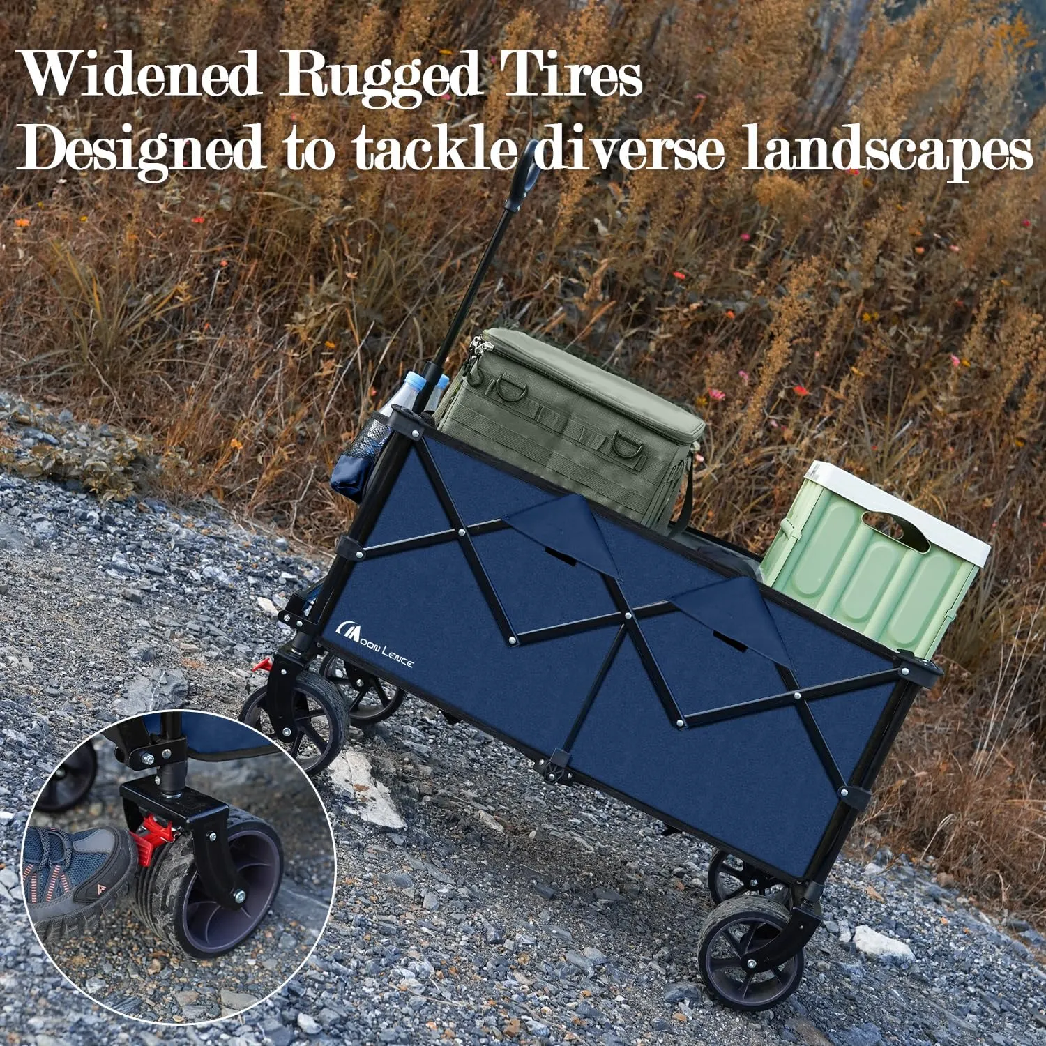 MOON LENCE Collapsible Foldable Wagon Cart, 220L Large Weight Capacity Folding Utility Wagon with All-Terrain Big Wheels, Utility Cart Wagon for Garden, Grocery, Shopping, Camping, Beach, Picnics