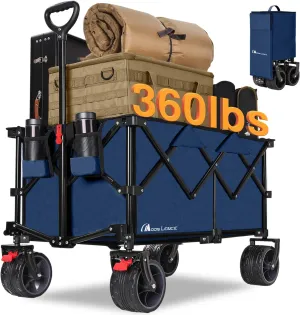 MOON LENCE Collapsible Foldable Wagon Cart, 220L Large Weight Capacity Folding Utility Wagon with All-Terrain Big Wheels, Utility Cart Wagon for Garden, Grocery, Shopping, Camping, Beach, Picnics