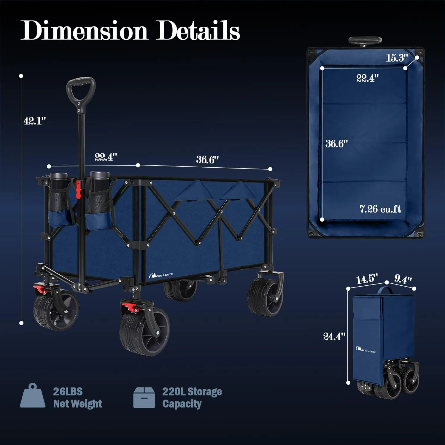 MOON LENCE Collapsible Foldable Wagon Cart, 220L Large Weight Capacity Folding Utility Wagon with All-Terrain Big Wheels, Utility Cart Wagon for Garden, Grocery, Shopping, Camping, Beach, Picnics