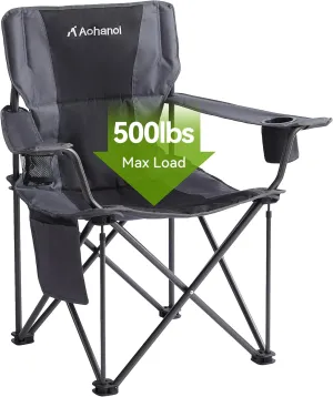 Oversized Camping Chair, Camp Chairs for Adults, Outdoor Folding Chairs with Cup Hold, Big Heavy Duty Outdoor Chairs for Patio, Lawn,Game, Sport, Black