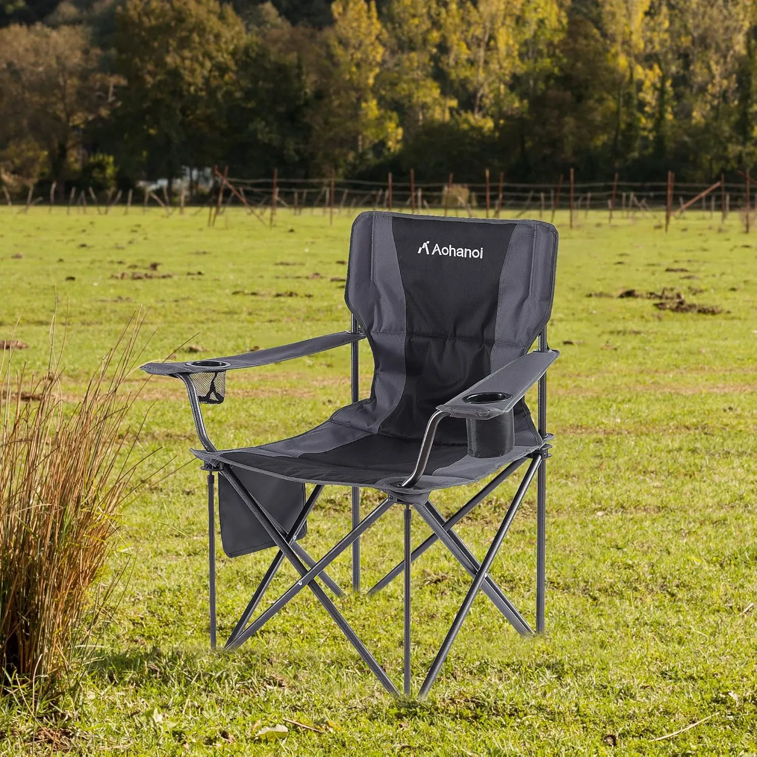 Oversized Camping Chair, Camp Chairs for Adults, Outdoor Folding Chairs with Cup Hold, Big Heavy Duty Outdoor Chairs for Patio, Lawn,Game, Sport, Black