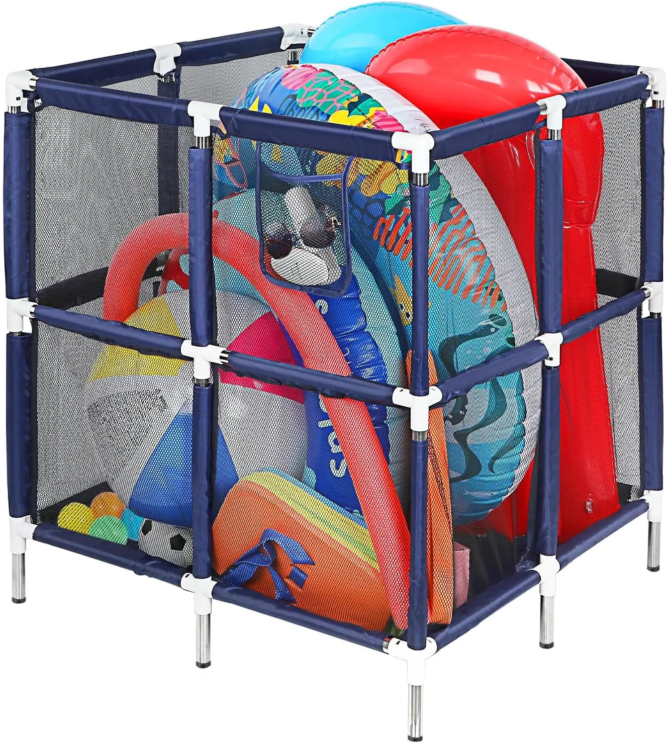 PAMASE Pool Toy Storage - Large Mesh Outdoor Pool Float Organizer Bin with Sturdy Metal Frame, Bottom Drainage Hole, for Floaties Noodles Swim Ring Raft Ball Towel (32"x32"x36")