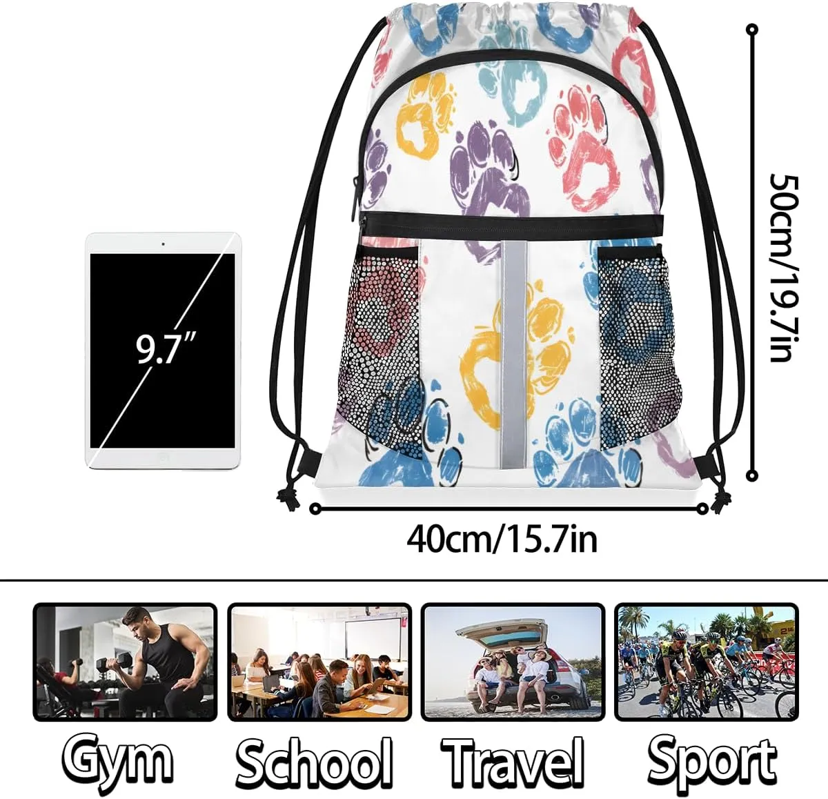 Paw Print Drawstring Backpack with Water Bottle Pocket Lightweight String Bag Paw Print Pet Animal Sports Gym Swim Sackpack for Men Women