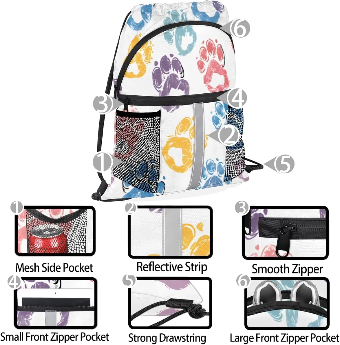 Paw Print Drawstring Backpack with Water Bottle Pocket Lightweight String Bag Paw Print Pet Animal Sports Gym Swim Sackpack for Men Women