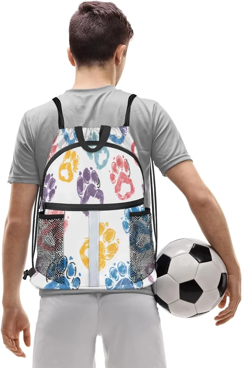 Paw Print Drawstring Backpack with Water Bottle Pocket Lightweight String Bag Paw Print Pet Animal Sports Gym Swim Sackpack for Men Women