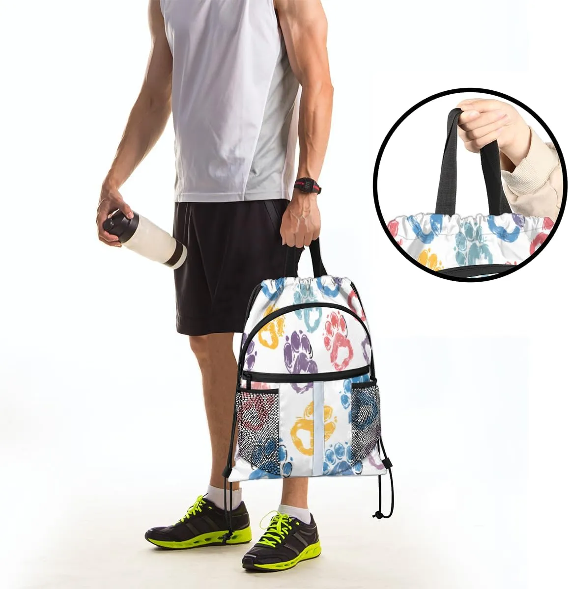 Paw Print Drawstring Backpack with Water Bottle Pocket Lightweight String Bag Paw Print Pet Animal Sports Gym Swim Sackpack for Men Women